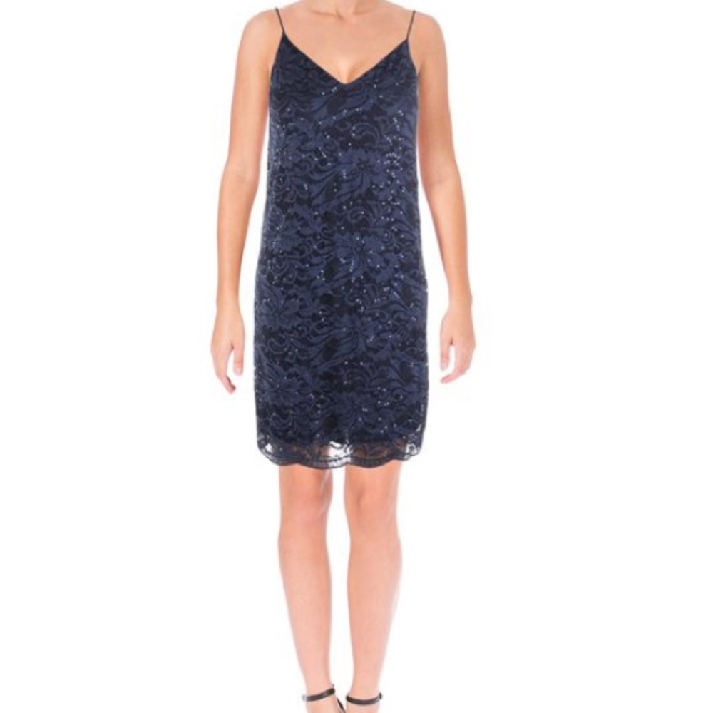 AQUA Dress Navy Sexy Party V-Neck Lace Sequin Spaghetti NWT M